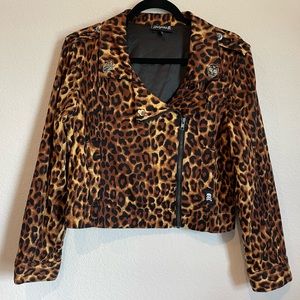 Sourpuss Leopard Cropped Moto Jacket with Pins size Large